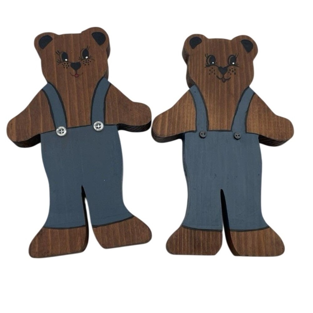 Vintage Hand Painted Wooden Teddy Bear Shelf Sitters Set of 2 Blue Overalls‎ 8in